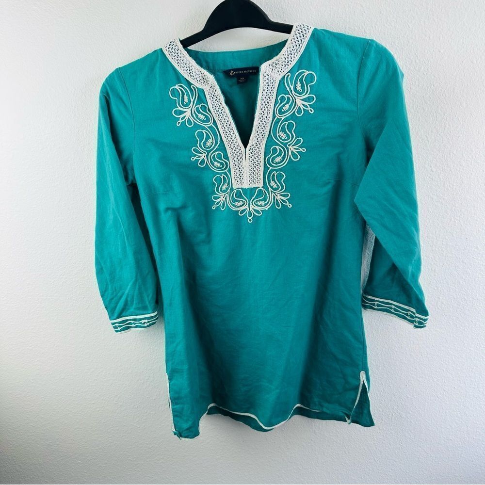 Brooks Brothers Turquoise Embroidered Linen Blend Tunic Size XS